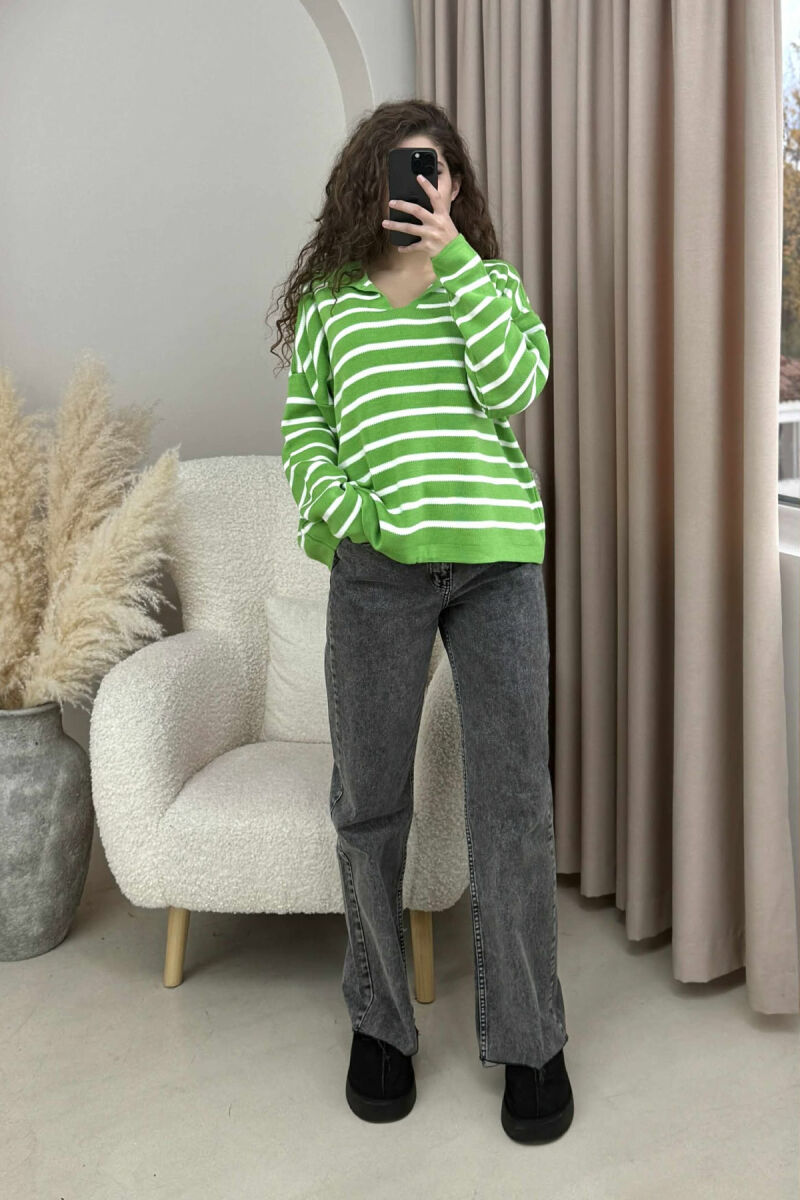 POLO NECK STRIPED SIMPLE WOMEN SWEATER LIGHT GREEN/JEZB - 2
