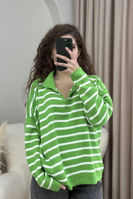 POLO NECK STRIPED SIMPLE WOMEN SWEATER LIGHT GREEN/JEZB - 3