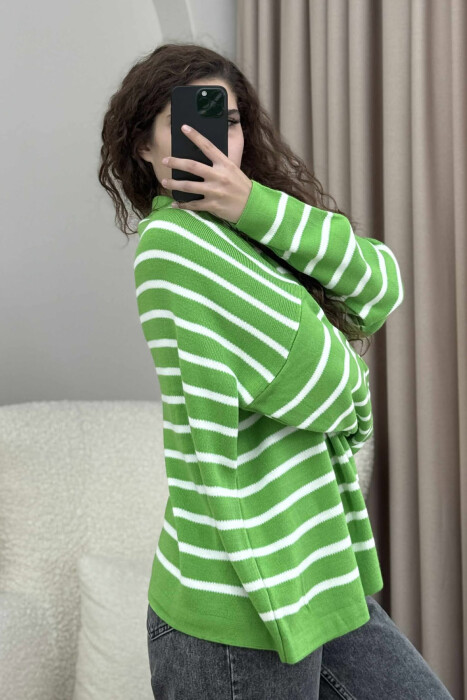 POLO NECK STRIPED SIMPLE WOMEN SWEATER LIGHT GREEN/JEZB - 4