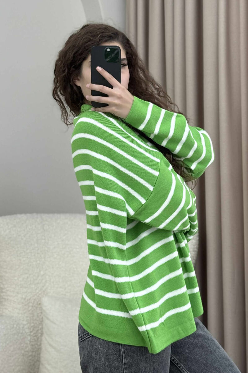 POLO NECK STRIPED SIMPLE WOMEN SWEATER LIGHT GREEN/JEZB - 4