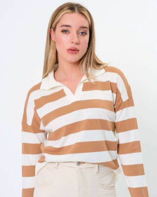 POLO NECK STRIPED WOMEN SWEATER CREAM-BROWN/KRKA 