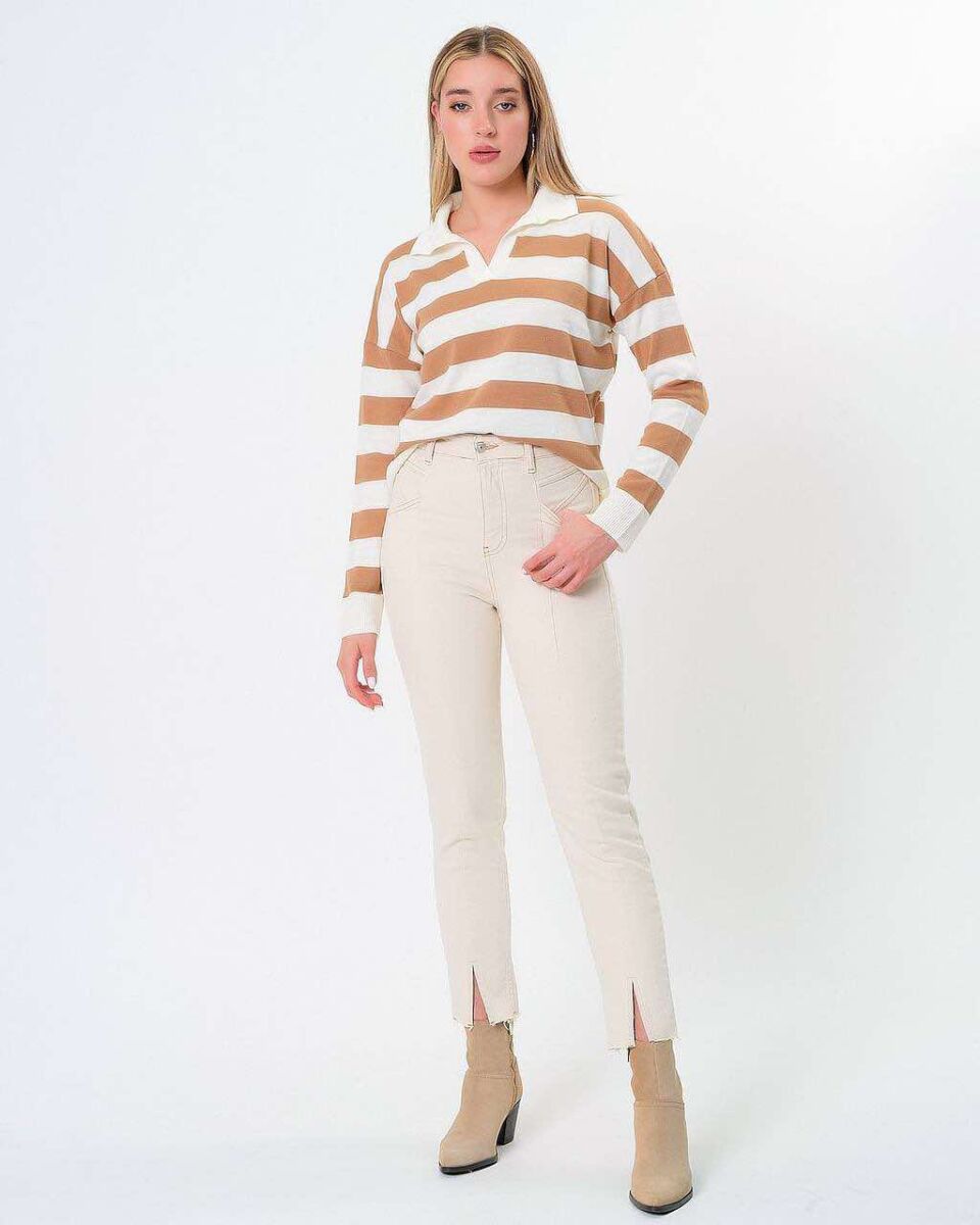 POLO NECK STRIPED WOMEN SWEATER CREAM-BROWN/KRKA - 2