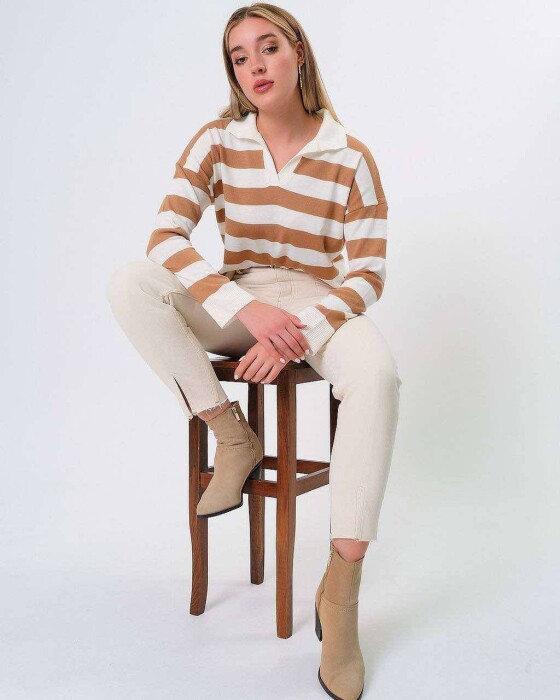 POLO NECK STRIPED WOMEN SWEATER CREAM-BROWN/KRKA - 3