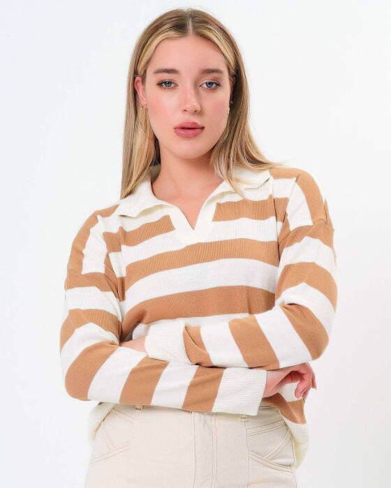 POLO NECK STRIPED WOMEN SWEATER CREAM-BROWN/KRKA - 4