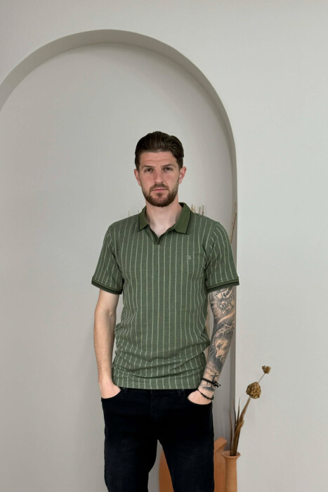 POLO NECK STRIPES MEN T-SHIRT GREEN/JESHILE - KLAUDIO FASHION