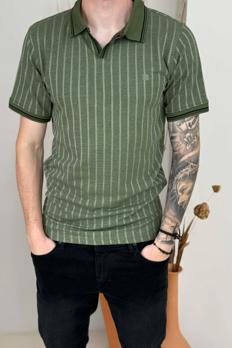 POLO NECK STRIPES MEN T-SHIRT GREEN/JESHILE - 2