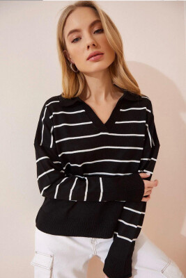 POLO NECK STRIPES WOMEN SWEATER BLACK/ E ZEZE 