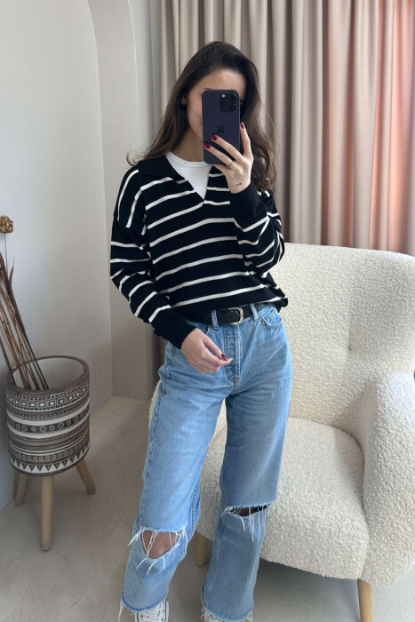 POLO NECK STRIPES WOMEN SWEATER BLACK/ E ZEZE 