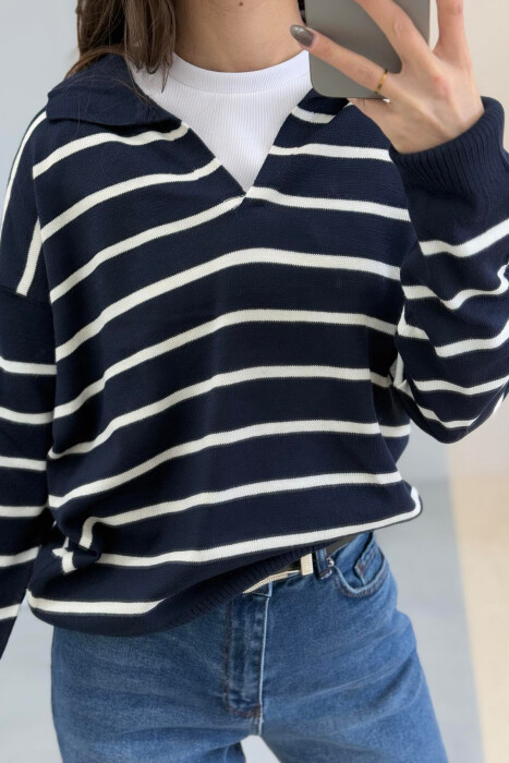 POLO NECK STRIPES WOMEN SWEATER BLUE/BLU - 3