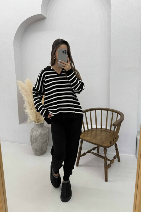 POLO NECK SWEATER+TROUSERS KNIT WOMEN SET BLACK-WHITE/ZEBA - 3