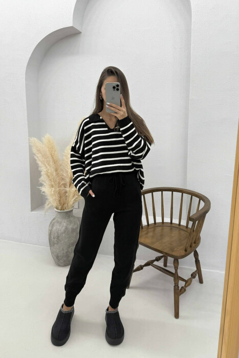 POLO NECK SWEATER+TROUSERS KNIT WOMEN SET BLACK-WHITE/ZEBA - 2