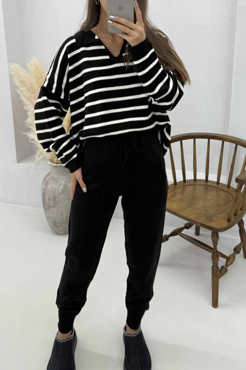 POLO NECK SWEATER+TROUSERS KNIT WOMEN SET BLACK-WHITE/ZEBA - 5