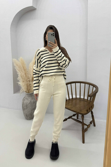 POLO NECK SWEATER+TROUSERS KNIT WOMEN SET CREAM+BLACK/KREM+ZEZE 