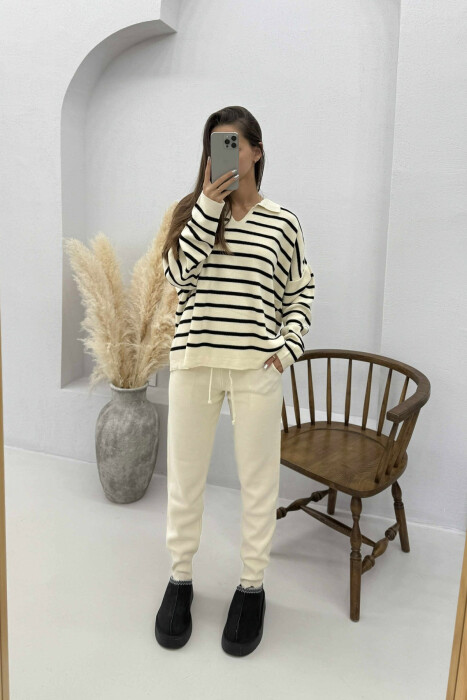 POLO NECK SWEATER+TROUSERS KNIT WOMEN SET CREAM+BLACK/KREM+ZEZE - 2