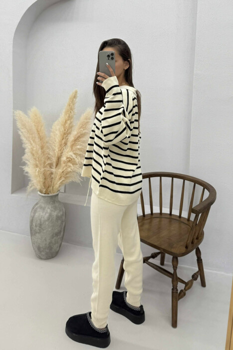 POLO NECK SWEATER+TROUSERS KNIT WOMEN SET CREAM+BLACK/KREM+ZEZE - 4