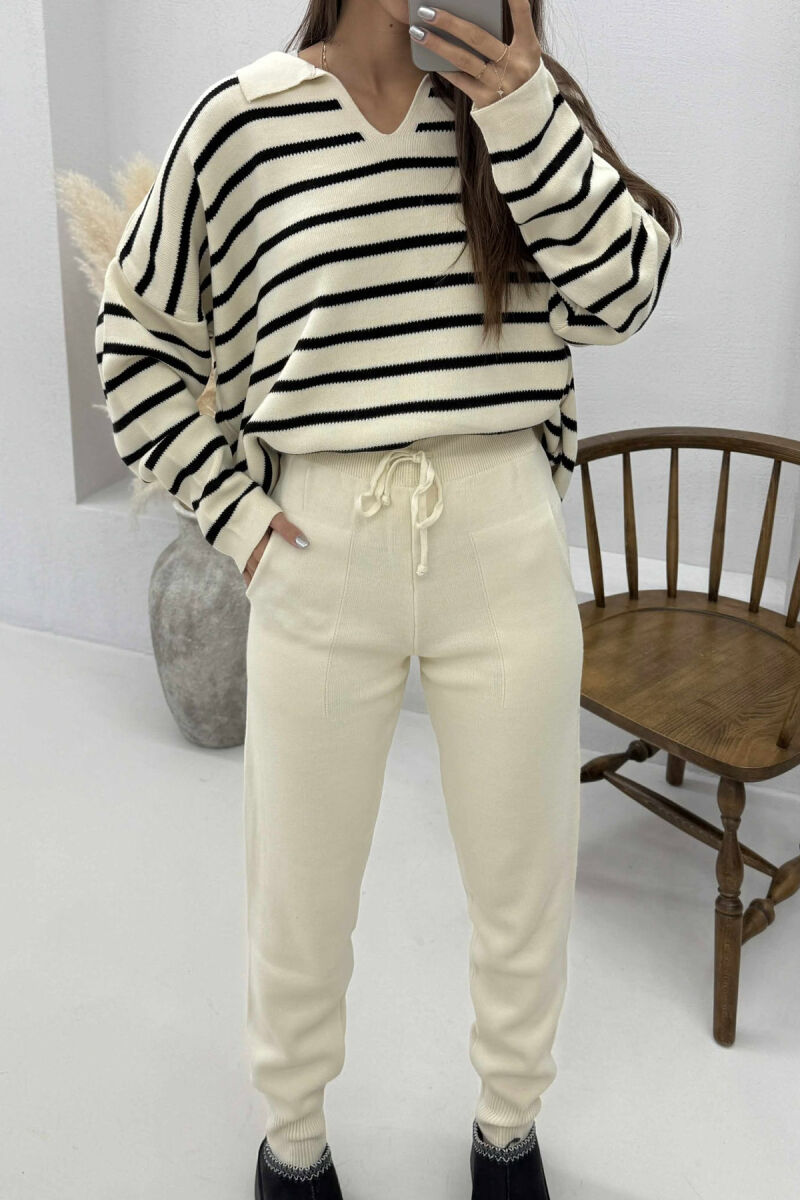 POLO NECK SWEATER+TROUSERS KNIT WOMEN SET CREAM+BLACK/KREM+ZEZE - 5