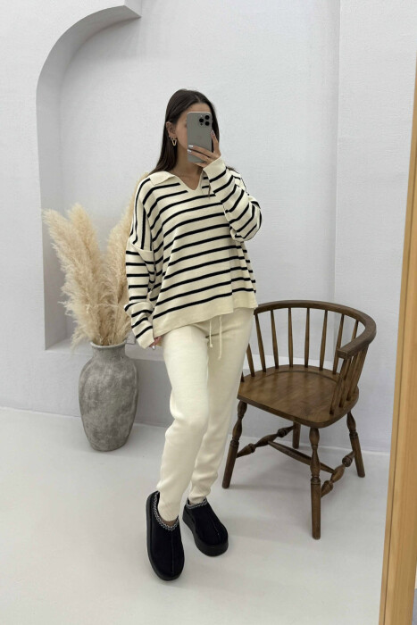 POLO NECK SWEATER+TROUSERS KNIT WOMEN SET CREAM+BLACK/KREM+ZEZE - 3