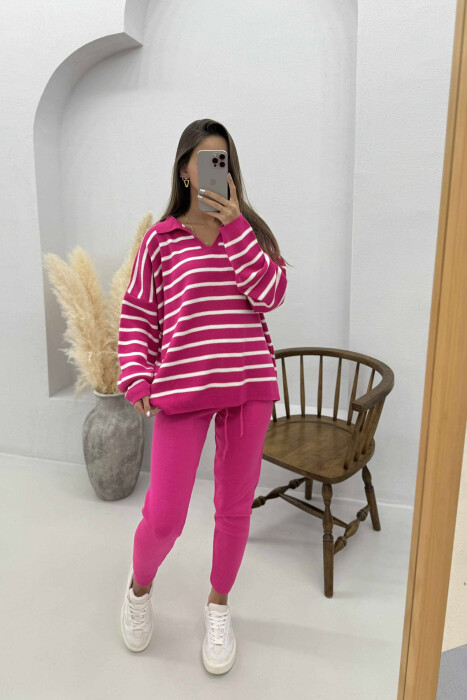 POLO NECK SWEATER+TROUSERS KNIT WOMEN SET FUCHSIA/CIKLAMI 