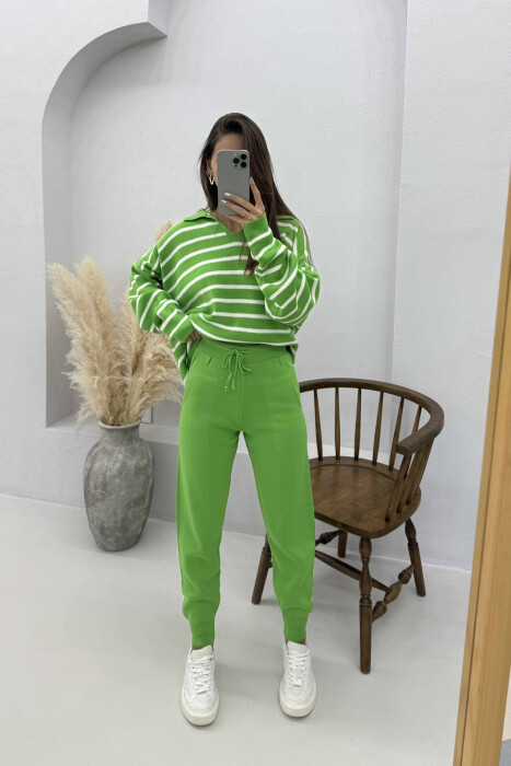 POLO NECK SWEATER+TROUSERS KNIT WOMEN SET LIGHT GREEN/JEZB 