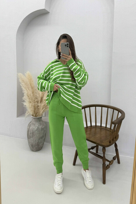 POLO NECK SWEATER+TROUSERS KNIT WOMEN SET LIGHT GREEN/JEZB - 2