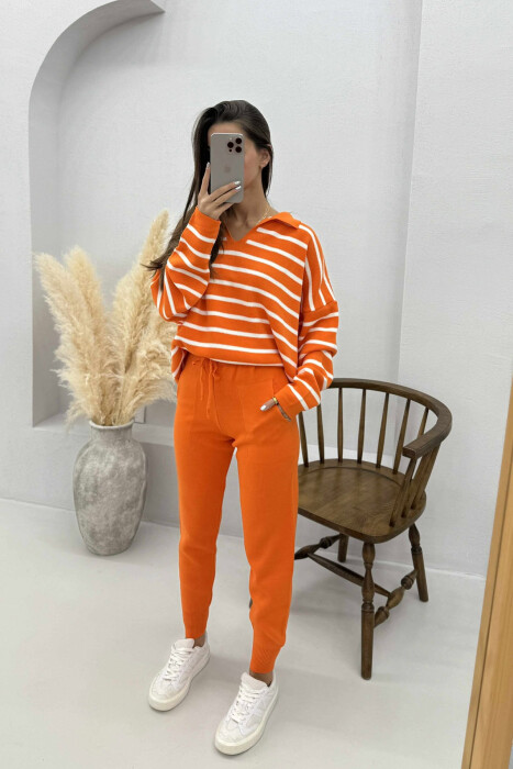 POLO NECK SWEATER+TROUSERS KNIT WOMEN SET ORANGE/PORTOKALLI 