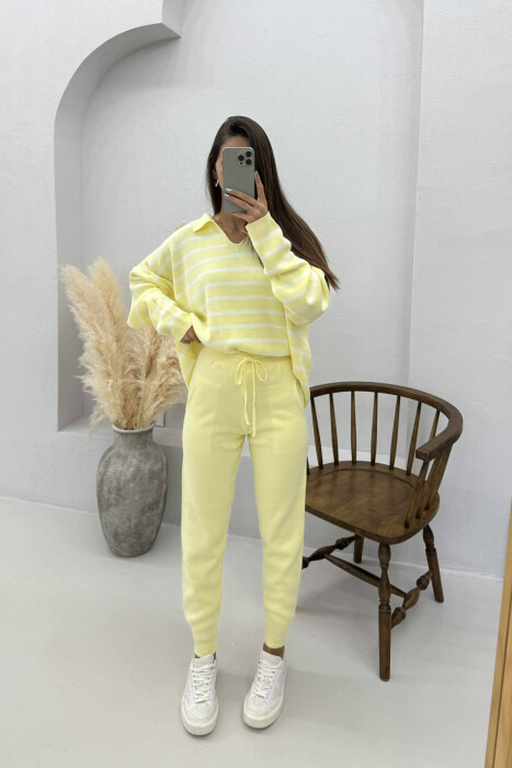 POLO NECK SWEATER+TROUSERS KNIT WOMEN SET YELLOW/E VERDHE 