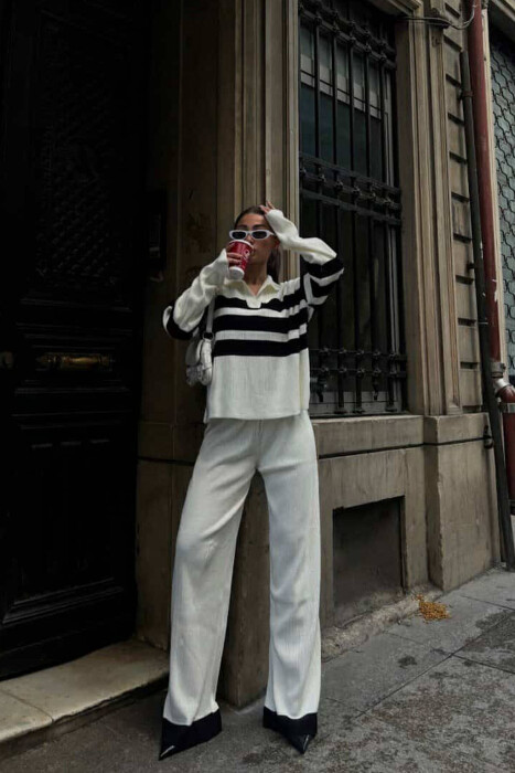 POLO NECK SWEATER+TROUSERS WOMEN SET WHITE-BLACK/BAZE 