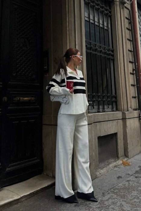 POLO NECK SWEATER+TROUSERS WOMEN SET WHITE-BLACK/BAZE - 3