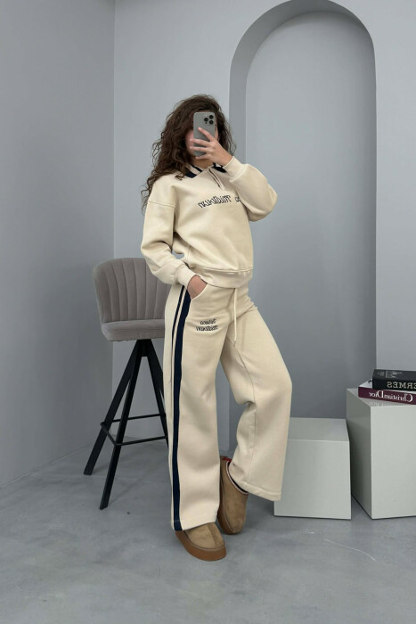 POLO NECK SWEATSHIRT+SWEATPANTS FLUFFY WOMEN SET BEIGE/BEZHE 