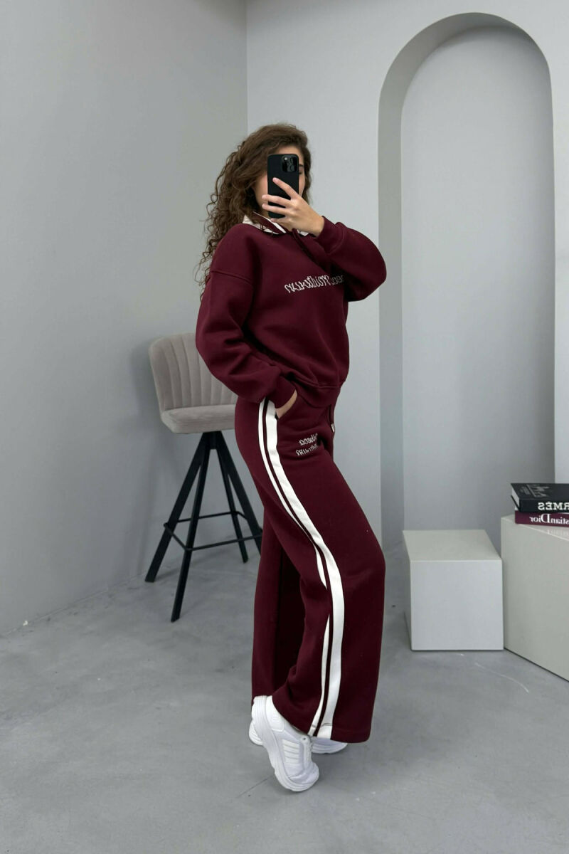 POLO NECK SWEATSHIRT+SWEATPANTS FLUFFY WOMEN SET BURGUNDY/VISHNJE - 2