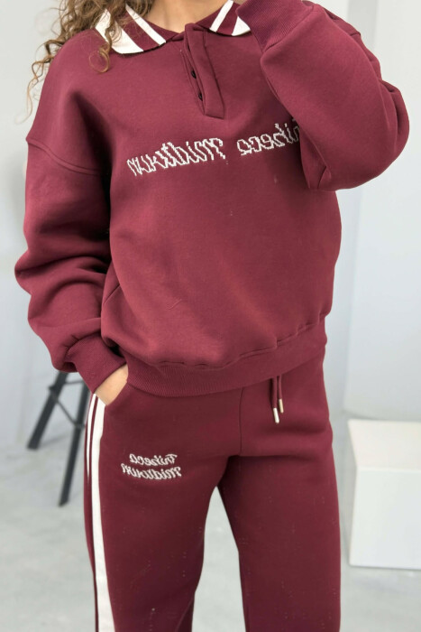 POLO NECK SWEATSHIRT+SWEATPANTS FLUFFY WOMEN SET BURGUNDY/VISHNJE - 5