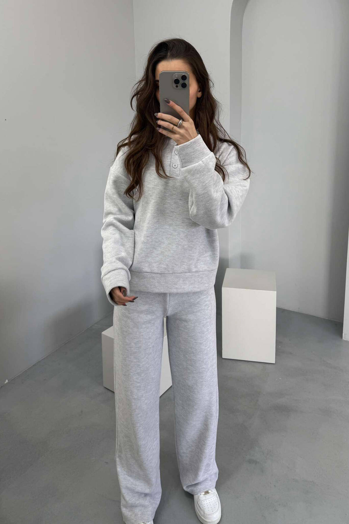 POLO NECK SWEATSHIRT+SWEATPANTS WOMEN SET LIGHT GREY/GZ TWO-PIECE SETS  KLAUDIO FASHION FI-9607