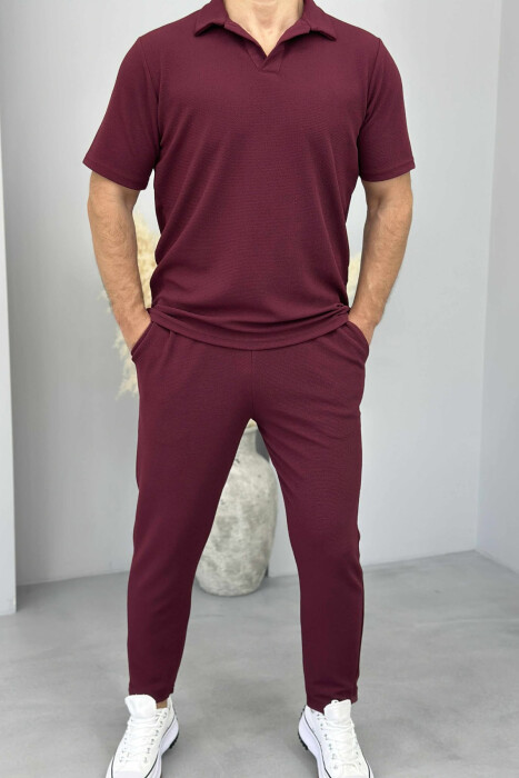 POLO NECK T-SHIRT+PANTS ONE COLOR MEN SET BURGUNDY/VISHNJE - 1