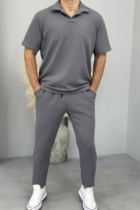 POLO NECK T-SHIRT+PANTS ONE COLOR MEN SET GREY/GRI - 1