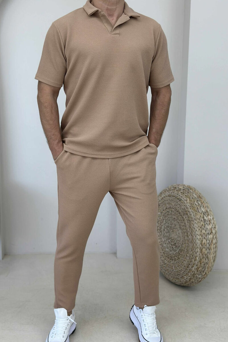POLO NECK T-SHIRT+PANTS ONE COLOR MEN SET LIGHT BROWN/KAZB - 1