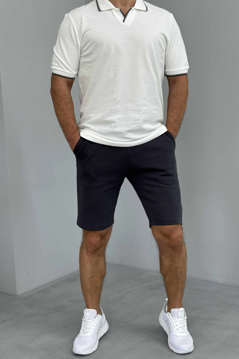POLO NECK T-SHIRT+SHORTS SIMPLE MEN SET WHITE-DARK GREY/BAGE - 1