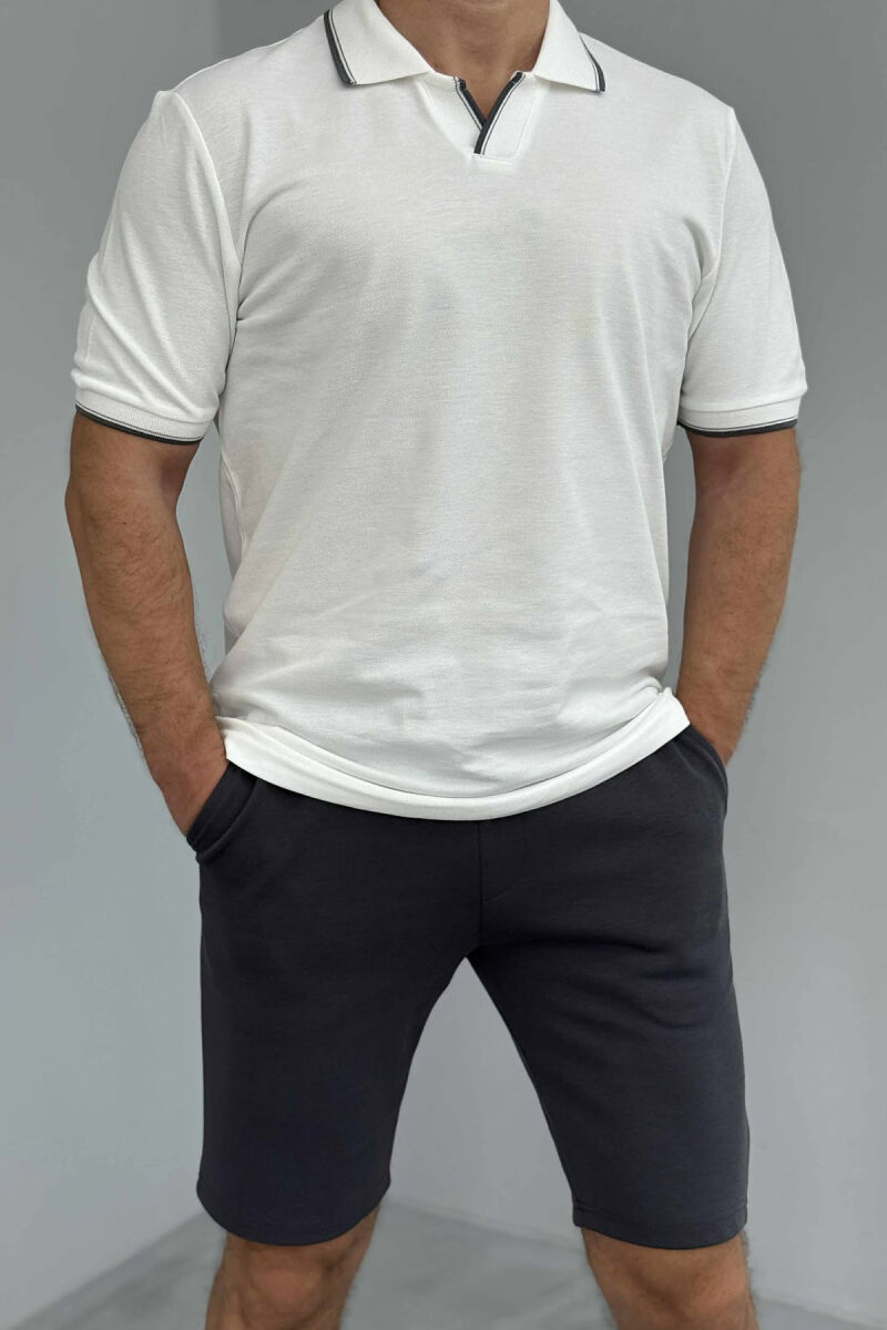 POLO NECK T-SHIRT+SHORTS SIMPLE MEN SET WHITE-DARK GREY/BAGE - 2