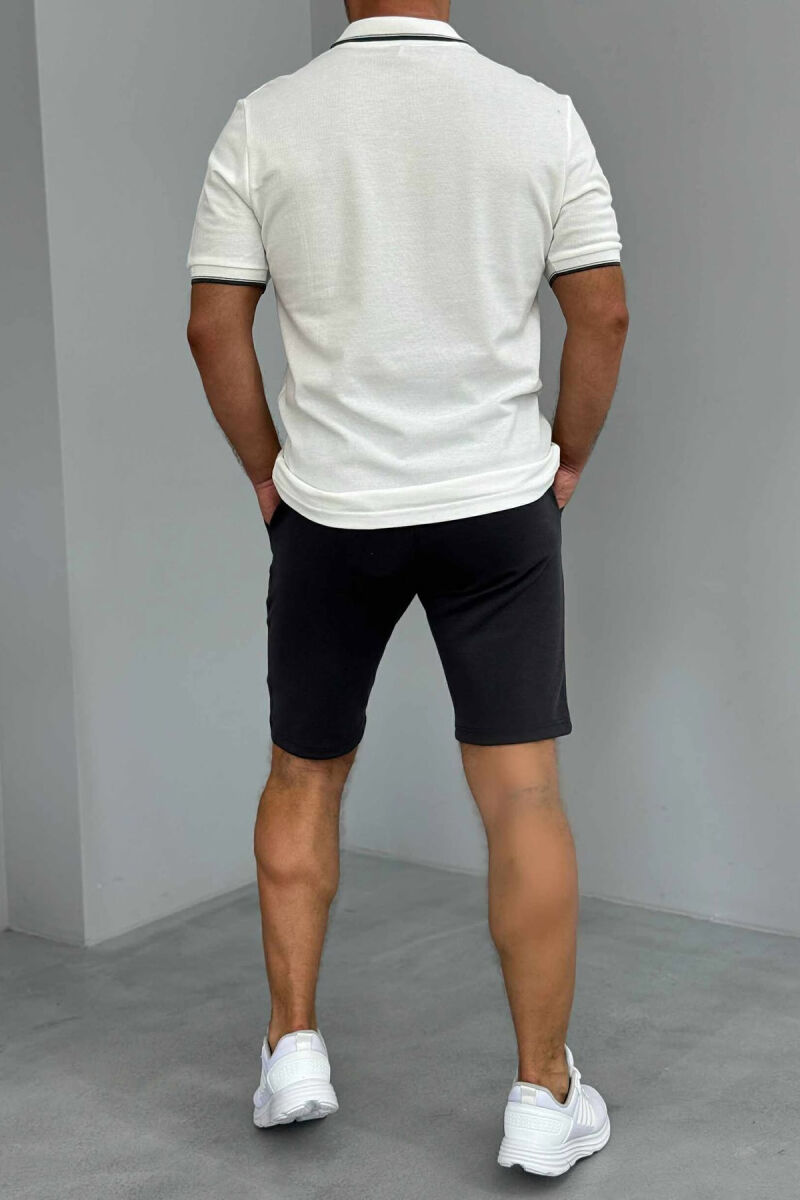 POLO NECK T-SHIRT+SHORTS SIMPLE MEN SET WHITE-DARK GREY/BAGE - 3
