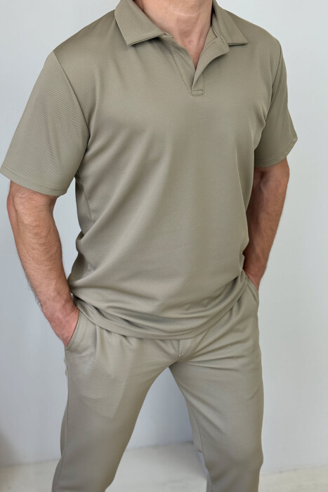 POLO NECK T-SHIRT+SWEATPANTS ONE COLOR MEN SET BEIGE/BEZHE - 2