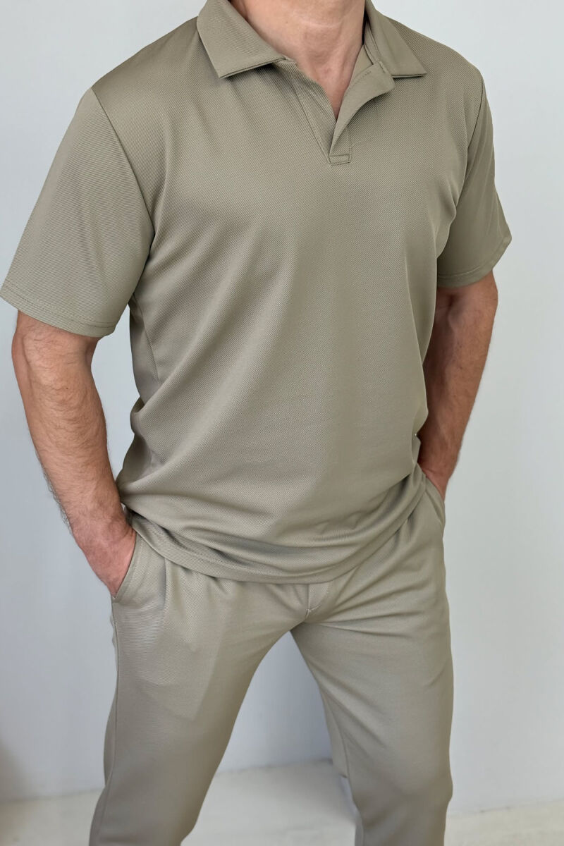 POLO NECK T-SHIRT+SWEATPANTS ONE COLOR MEN SET BEIGE/BEZHE - 2