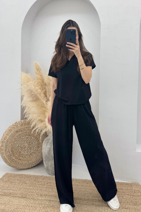 POLO NECK T-SHIRT+SWEATPANTS ONE COLOR WOMEN SET BLACK/ E ZEZE 