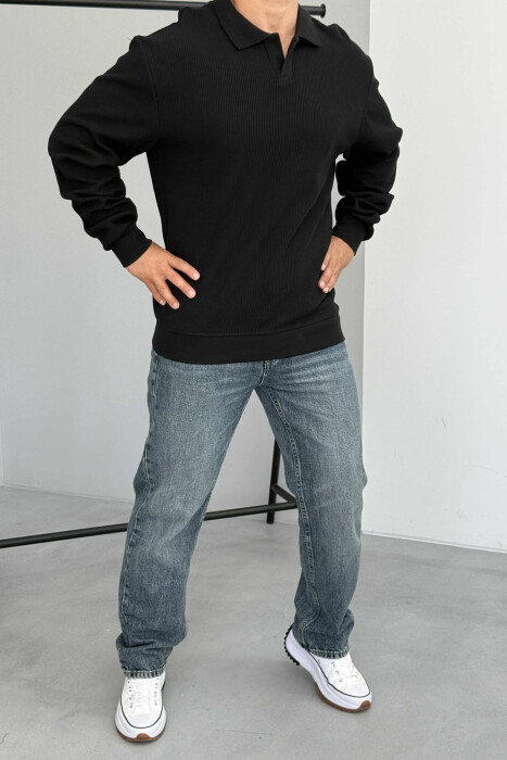 POLO NECK TEXTURED MEN SWEATSHIRT BLACK/ E ZEZE 