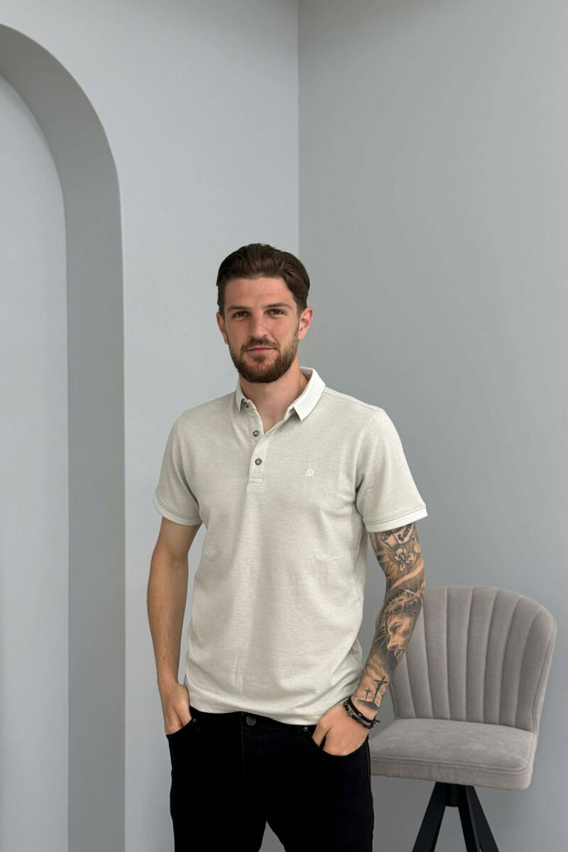 POLO NECK TEXTURED MEN T-SHIRT LIGHT GREY/GZ - 1