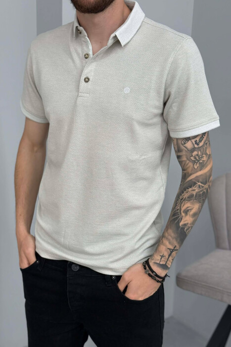 POLO NECK TEXTURED MEN T-SHIRT LIGHT GREY/GZ - 4