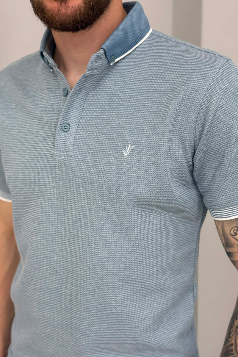 POLO NECK TEXTURED MEN T-SHIRT LIGHTBLUE/BZ - 2