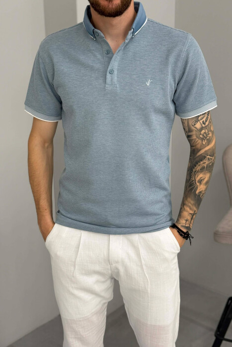 POLO NECK TEXTURED MEN T-SHIRT LIGHTBLUE/BZ - 5