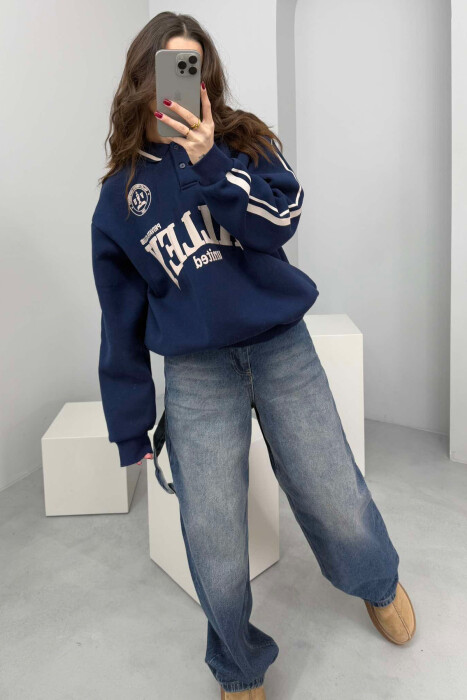 POLO NECK WRITTINGS FLUFFY WOMEN SWEATSHIRT DARK BLUE/BEE - 1