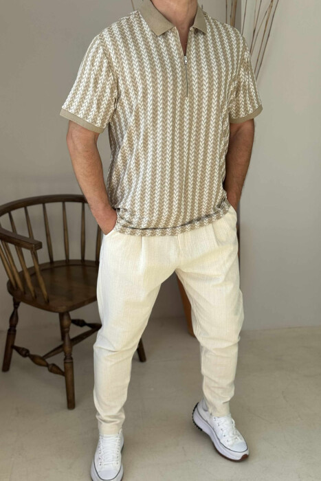 POLO NECK ZIPPER DESIGNED MEN T-SHIRT BEIGE/BEZHE - 1
