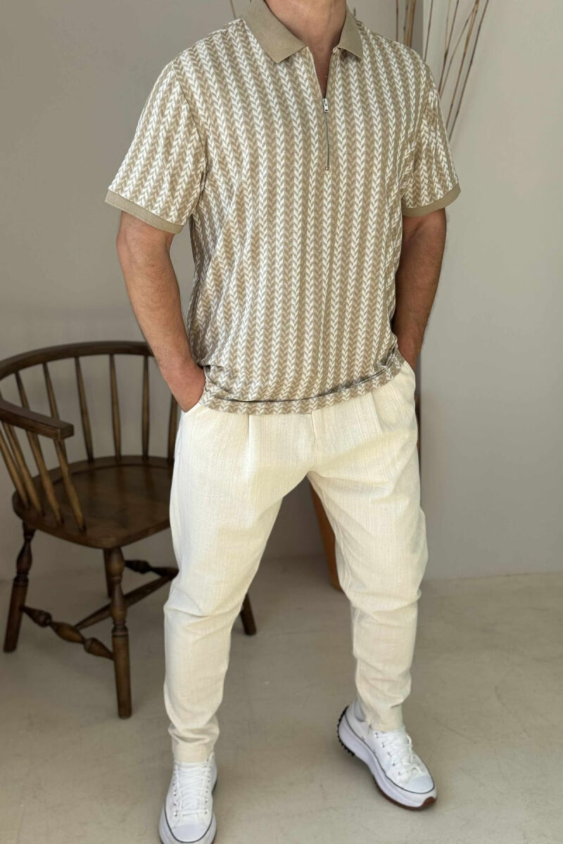 POLO NECK ZIPPER DESIGNED MEN T-SHIRT BEIGE/BEZHE - 1