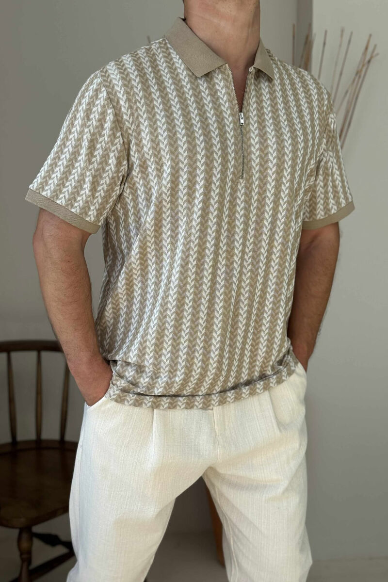 POLO NECK ZIPPER DESIGNED MEN T-SHIRT BEIGE/BEZHE - 2